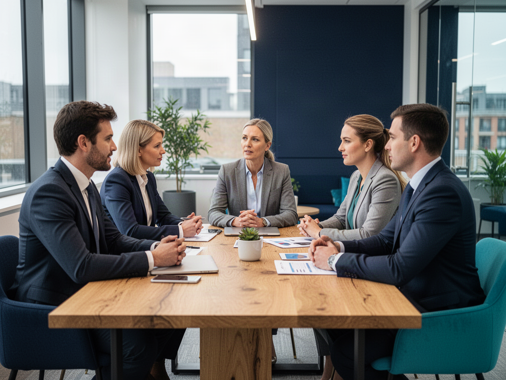Commercial finance advisers discussing funding solutions with a UK business owner